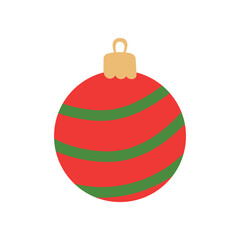 Christmas ornament vector illustration. Bright striped bauble for xmas tree. Red round decor with green stripes isolated on white background. Colorful simple holiday element for merry winter decor