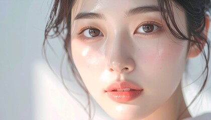 日本人, 超リアル, 若い美しい女性, 顔アップ, 滑らかな肌, ツヤのある肌質, ナチュラルメイク, 柔らかな光, 美容広告風, シネマティック, カメラ目線, 高画質, Japanese, ultra-realistic, young beautiful woman, face close-up, smooth skin, radiant complexion, natural makeup