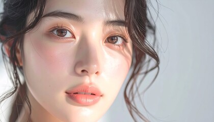日本人, 超リアル, 若い美しい女性, 顔アップ, 滑らかな肌, ツヤのある肌質, ナチュラルメイク, 柔らかな光, 美容広告風, シネマティック, カメラ目線, 高画質, Japanese, ultra-realistic, young beautiful woman, face close-up, smooth skin, radiant complexion, natural makeup