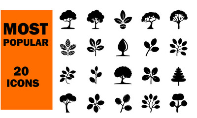 Collection of 20 tree and plant silhouettes with branches and leaves isolated on white background for design element
