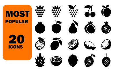 Collection of black berry fruits vector icon set. such as plum cherry peach pomegranate pear orange lemon passion fruit isolated on white