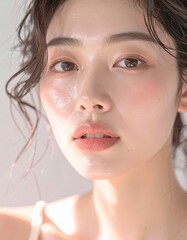 日本人, 超リアル, 若い美しい女性, 顔アップ, 滑らかな肌, ツヤのある肌質, ナチュラルメイク, 柔らかな光, 美容広告風, シネマティック, カメラ目線, 高画質, Japanese, ultra-realistic, young beautiful woman, face close-up, smooth skin, radiant complexion, natural makeup