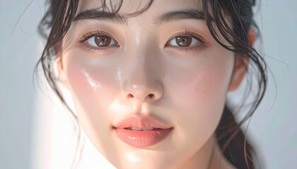 日本人, 超リアル, 若い美しい女性, 顔アップ, 滑らかな肌, ツヤのある肌質, ナチュラルメイク, 柔らかな光, 美容広告風, シネマティック, カメラ目線, 高画質, Japanese, ultra-realistic, young beautiful woman, face close-up, smooth skin, radiant complexion, natural makeup