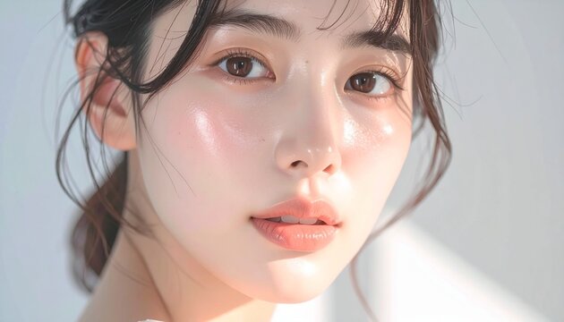 日本人, 超リアル, 若い美しい女性, 顔アップ, 滑らかな肌, ツヤのある肌質, ナチュラルメイク, 柔らかな光, 美容広告風, シネマティック, カメラ目線, 高画質, Japanese, ultra-realistic, young beautiful woman, face close-up, smooth skin, radiant complexion, natural makeup