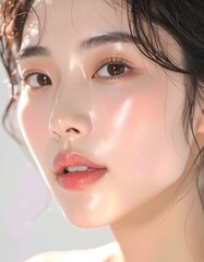 日本人, 超リアル, 若い美しい女性, 顔アップ, 滑らかな肌, ツヤのある肌質, ナチュラルメイク, 柔らかな光, 美容広告風, シネマティック, カメラ目線, 高画質, Japanese, ultra-realistic, young beautiful woman, face close-up, smooth skin, radiant complexion, natural makeup