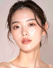 日本人, 超リアル, 若い美しい女性, 顔アップ, 滑らかな肌, ツヤのある肌質, ナチュラルメイク, 柔らかな光, 美容広告風, シネマティック, カメラ目線, 高画質, Japanese, ultra-realistic, young beautiful woman, face close-up, smooth skin, radiant complexion, natural makeup