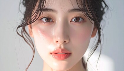 日本人, 超リアル, 若い美しい女性, 顔アップ, 滑らかな肌, ツヤのある肌質, ナチュラルメイク, 柔らかな光, 美容広告風, シネマティック, カメラ目線, 高画質, Japanese, ultra-realistic, young beautiful woman, face close-up, smooth skin, radiant complexion, natural makeup