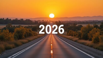 2026 Beautiful empty road bathed in golden sunrise light with bold 2026