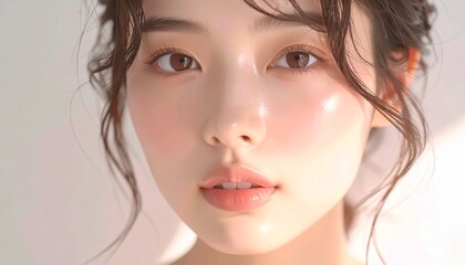 日本人, 超リアル, 若い美しい女性, 顔アップ, 滑らかな肌, ツヤのある肌質, ナチュラルメイク, 柔らかな光, 美容広告風, シネマティック, カメラ目線, 高画質, Japanese, ultra-realistic, young beautiful woman, face close-up, smooth skin, radiant complexion, natural makeup
