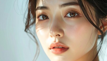 日本人, 超リアル, 若い美しい女性, 顔アップ, 滑らかな肌, ツヤのある肌質, ナチュラルメイク, 柔らかな光, 美容広告風, シネマティック, カメラ目線, 高画質, Japanese, ultra-realistic, young beautiful woman, face close-up, smooth skin, radiant complexion, natural makeup