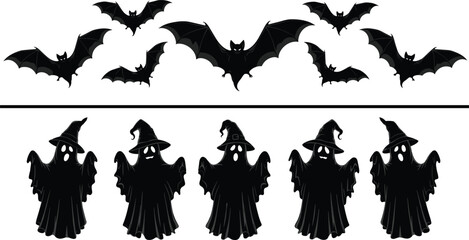 Set of Halloween black silhouettes featuring flying spooky bats and ghosts wearing witch hats, vector illustration isolated on white background for decoration