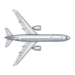 Top-down detailed illustration of a passenger jet aircraft, showcasing wings, engines, and fuselage.
