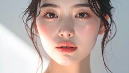 日本人, 超リアル, 若い美しい女性, 顔アップ, 滑らかな肌, ツヤのある肌質, ナチュラルメイク, 柔らかな光, 美容広告風, シネマティック, カメラ目線, 高画質, Japanese, ultra-realistic, young beautiful woman, face close-up, smooth skin, radiant complexion, natural makeup