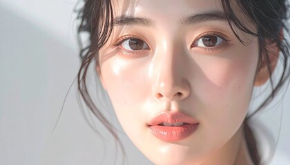 日本人, 超リアル, 若い美しい女性, 顔アップ, 滑らかな肌, ツヤのある肌質, ナチュラルメイク, 柔らかな光, 美容広告風, シネマティック, カメラ目線, 高画質, Japanese, ultra-realistic, young beautiful woman, face close-up, smooth skin, radiant complexion, natural makeup