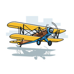 A colorful cartoon illustration of a vintage yellow and blue biplane in flight with its shadow below.
