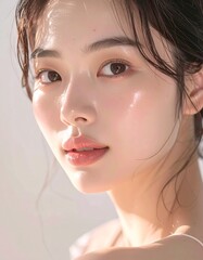 日本人, 超リアル, 若い美しい女性, 顔アップ, 滑らかな肌, ツヤのある肌質, ナチュラルメイク, 柔らかな光, 美容広告風, シネマティック, カメラ目線, 高画質, Japanese, ultra-realistic, young beautiful woman, face close-up, smooth skin, radiant complexion, natural makeup