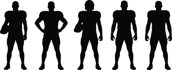 Set of standing American football player silhouettes wearing helmets and pads, vector illustration collection isolated on white background for team sports design © Ideasy Mind