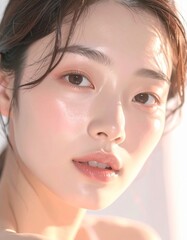 日本人, 超リアル, 若い美しい女性, 顔アップ, 滑らかな肌, ツヤのある肌質, ナチュラルメイク, 柔らかな光, 美容広告風, シネマティック, カメラ目線, 高画質, Japanese, ultra-realistic, young beautiful woman, face close-up, smooth skin, radiant complexion, natural makeup