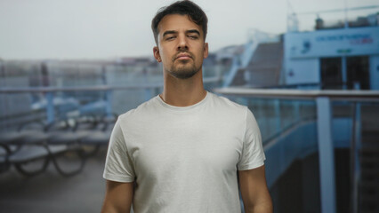 Fototapeta premium Young man on cruise boat making unsure gesture with hands outdoors, wearing casual white shirt, conveying uncertainty on a relaxed sunny day at sea with blurred deck background.