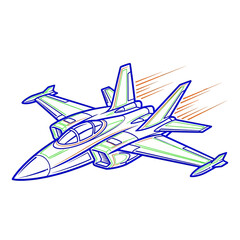 Dynamic cartoon illustration of a modern military fighter jet flying at high speed.