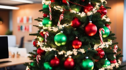 Festive Office Christmas Tree with Red and Green Ornaments and Twinkling Lights