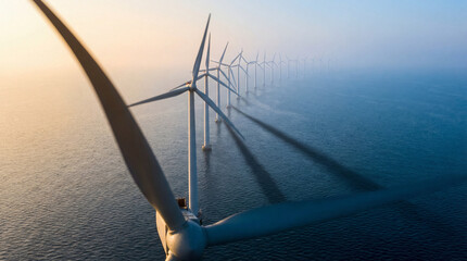 Breathtaking aerial view of an offshore wind farm featuring wind turbines at sunrise, ideal for environmental projects and energy-related content.