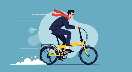 Fototapeta premium Businessman in a suit and red scarf riding a yellow folding bicycle quickly to work for an eco-friendly urban commute concept.