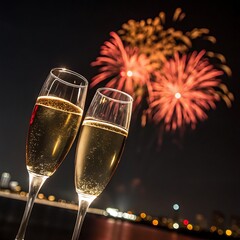 Celebrate with bubbly champagne under vibrant fireworks