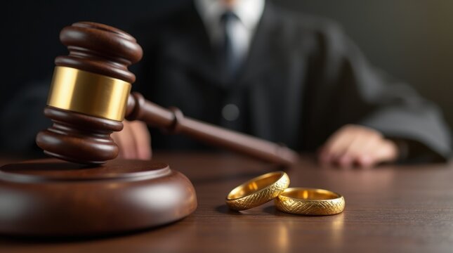 Judge s gavel and dual golden wedding bands signify divorce agreement for the couple amidst the dissolution process 
