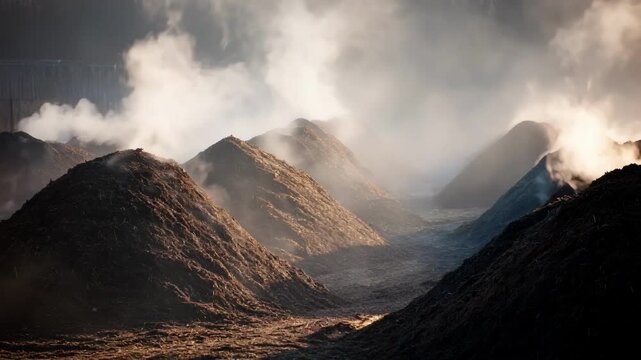 Medium shot of compost piles steaming as natural heat is generated for sustainable farm heating solutions