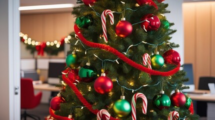 Festive Office Christmas Tree with Red and Green Ornaments and Twinkling Lights