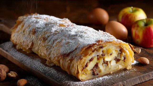 Golden Baked Apple Strudel Dusted With Powdered Sugar With Whole Apples And Walnuts On A Wooden Board Warm Lighting