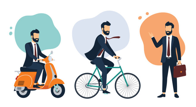 Set of a bearded businessman in a suit shown commuting on a scooter and bicycle and standing with a briefcase illustration.