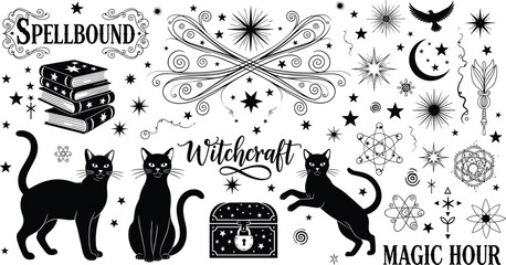 Witchcraft symbols, magical elements, black and white vector illustration, spellbound theme, celestial motifs, enchanted design, mystical icons, fantasy concept