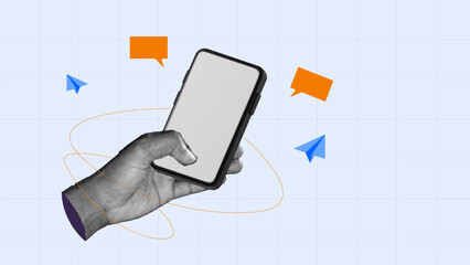 Hand holding smartphone retro halftone collage theme with chat bubbles and paper planes, bumble chat notification messaging, mobile communication, and digital interaction