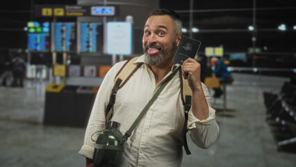 Man at airport holding passport and sticking out tongue while backpack straps visible and canteen hanging from chest; playful travel adventure.