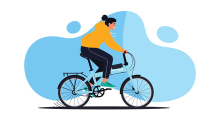 Fototapeta premium A smiling young person in a yellow hoodie enjoys a ride on a modern blue electric bicycle with an abstract background.