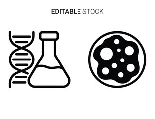 Scientific vector icons: dna, laboratory flask, and petri dish for research concepts