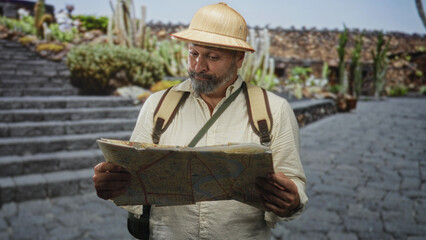 Man with backpack and pith helmet holding map on stone street steps near cactus garden; adventure travel curiosity.
