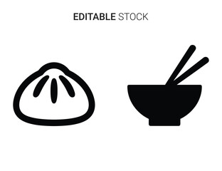 Outline graphic set of traditional asian food: dumpling and bowl with chopsticks symbols
