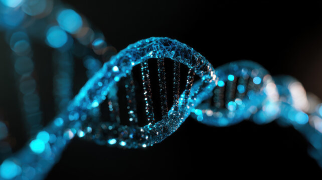 Striking Blue Illuminated DNA Double Helix on Black Background