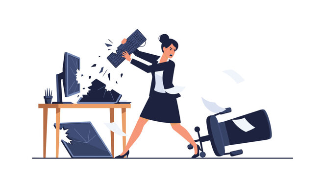 An enraged businesswoman aggressively smashes her office computer equipment with a keyboard due to extreme work-related stress.