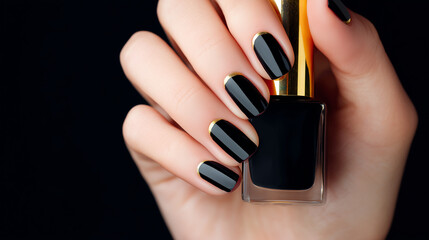 Close-Up of Female Hand with Glossy Black Nails Holding Black Nail Polish Bottle with Golden Cap, Beauty and Manicure Concept, Luxury Cosmetics, Black Friday Promotion, Black Background, Copy Space.