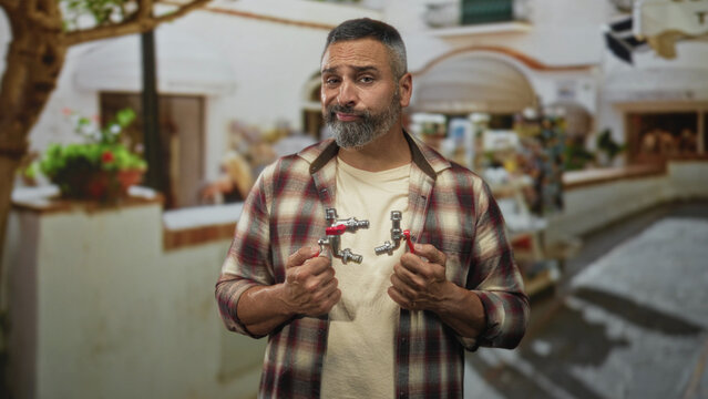Man holding two metal faucets in both hands on a busy street near market stalls, plaid shirt and beard, making a puzzled face; repair humor bemused.