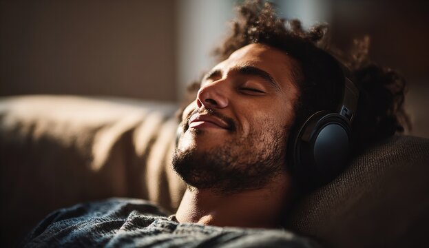 Relaxed young man listens to music with headphones on sofa, feeling content and peaceful enjoying his favorite playlist for mindful meditation and stress relief