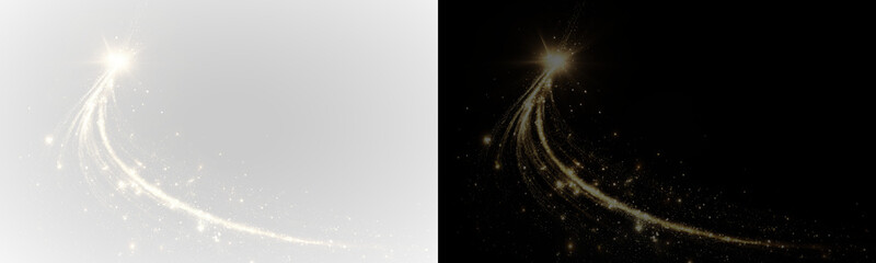 Golden glowing line in PNG format with smooth motion and glowing edges, decorated with gold particles and fairy dust, perfect for holiday and Christmas designs. © Ihor Nemynushchyi