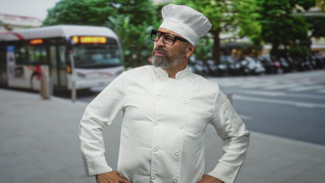 Man chef in white uniform and tall hat, wearing glasses and grey beard, hands on hips on city street with bus in background; confidence poise.