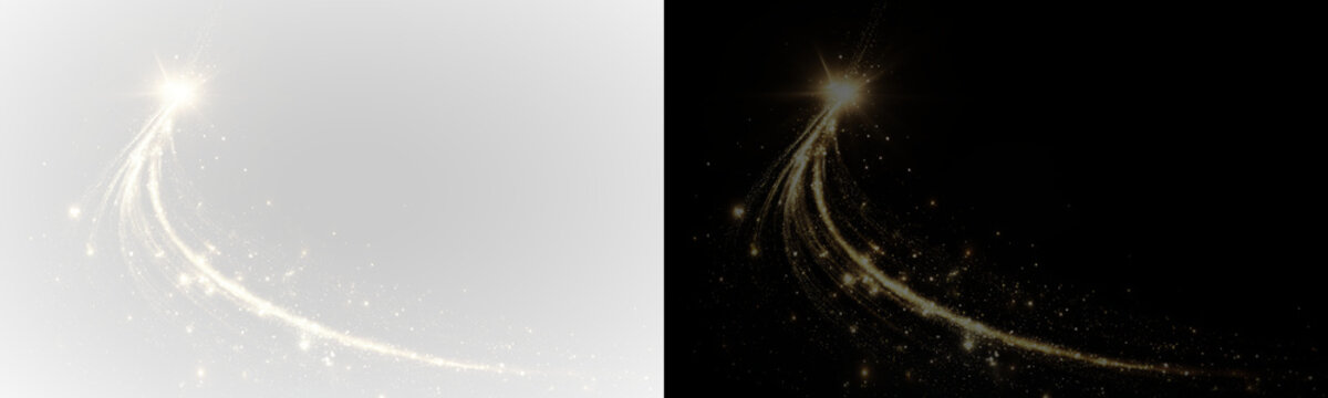Golden glowing line in PNG format with smooth motion and glowing edges, decorated with gold particles and fairy dust, perfect for holiday and Christmas designs.