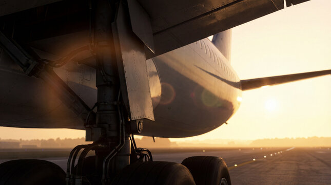 Close-up of airplane landing gear with sunset backdrop, ideal for aviation engineering and detail shots. - Powered by Adobe