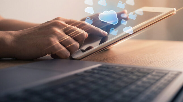 Explore cloud computing with a tablet and laptop on a wooden table, perfect for illustrating digital file storage concepts in tech articles.